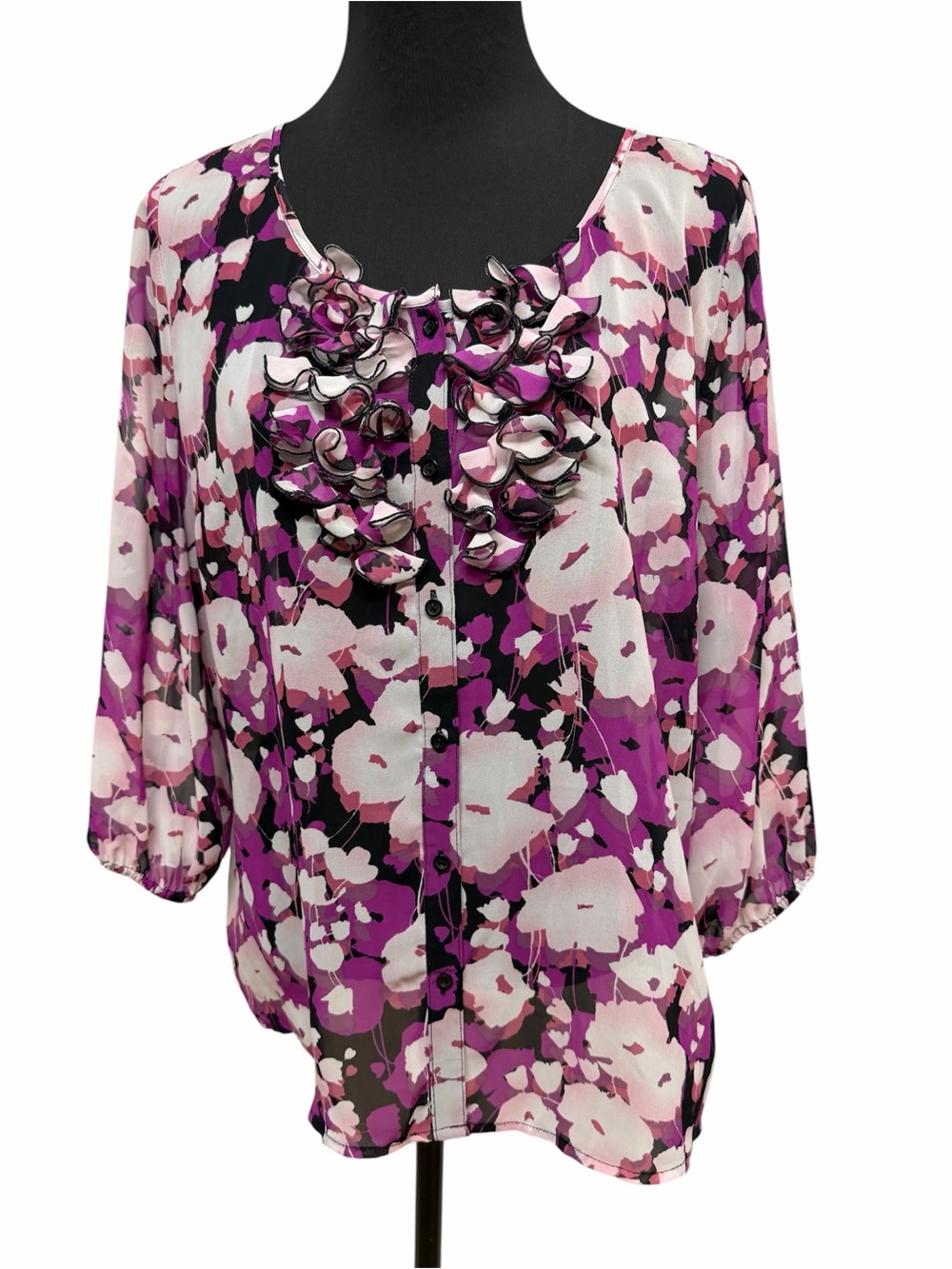 east 5th XL Pink Purple Floral Ruffle Button Front Blouse Top